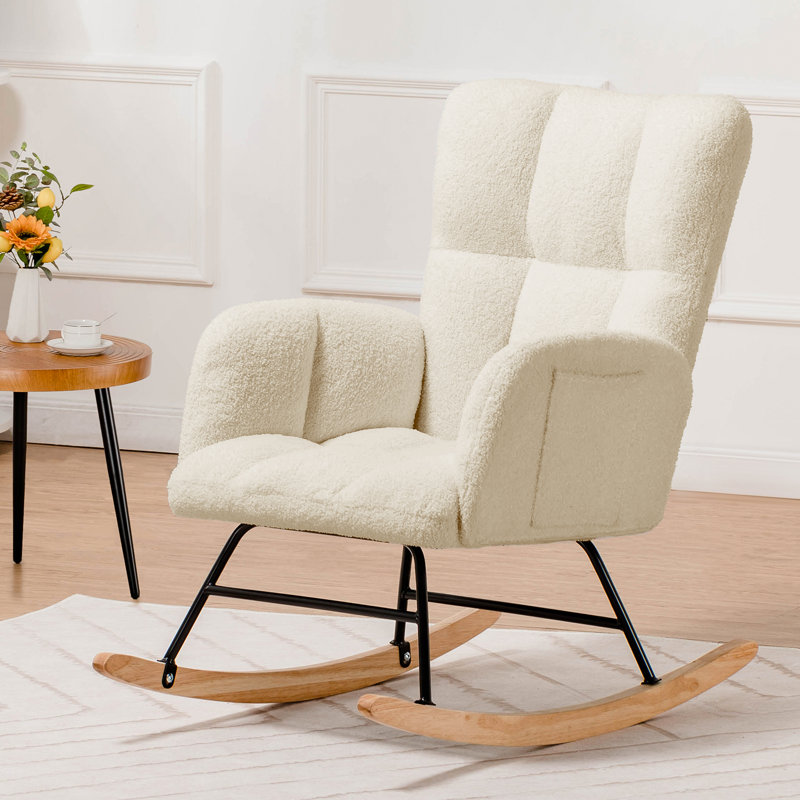 Nursery Rocking Chair Teddy Upholstered Glider Rocking Chair with Side Pockets Macfarland Accent Chair with High Backrest Reading Chair for Adult